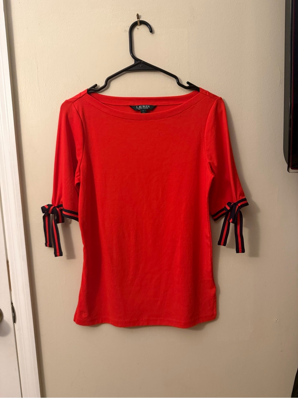 Ralph Lauren Red Short-Sleeve Knit Top with Stripe Tie Cuffs